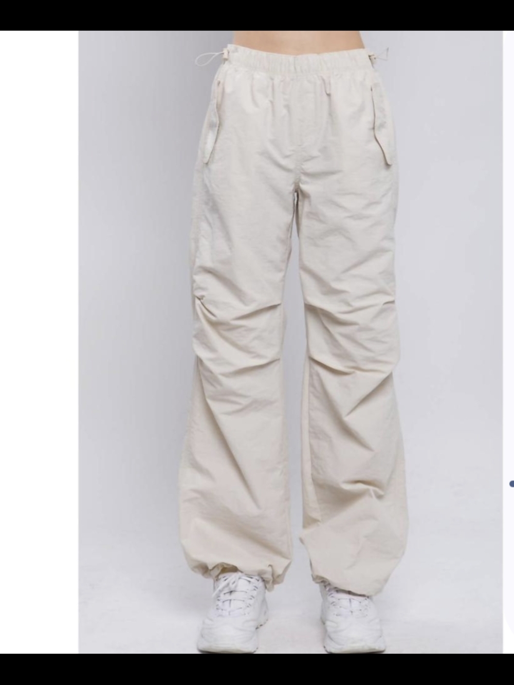 Relaxed Drawstring Parachute Wide-Leg Pants in Light Cream